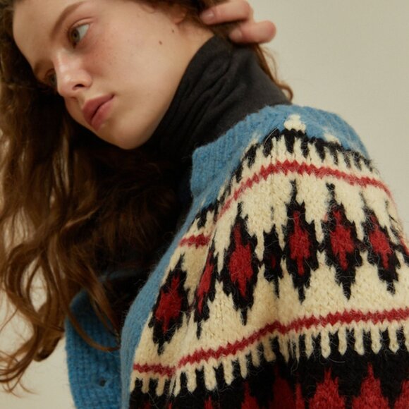 GREENBUTTER V-Neck Nordic Alpaca Cardigan (Indigo Blue) - Picture 2 of 9